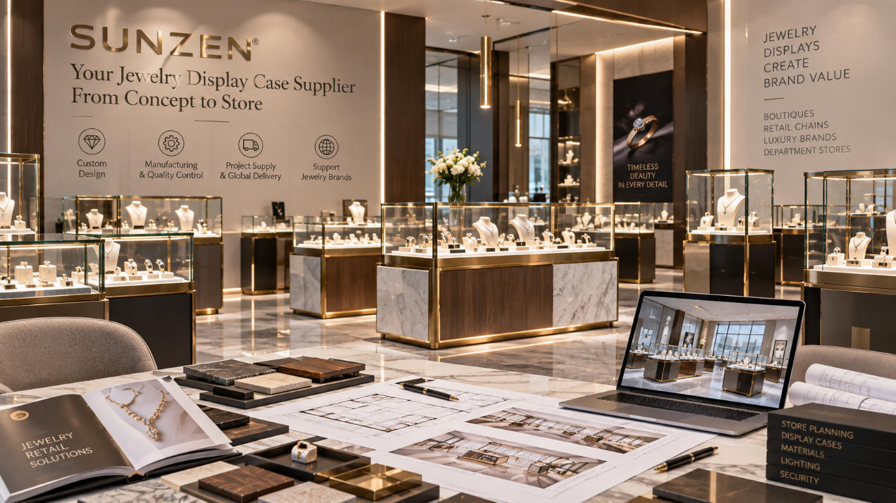 Custom jewelry display case supplier coordinating counters islands wall cases and secure showcases for jewelry stores and brands