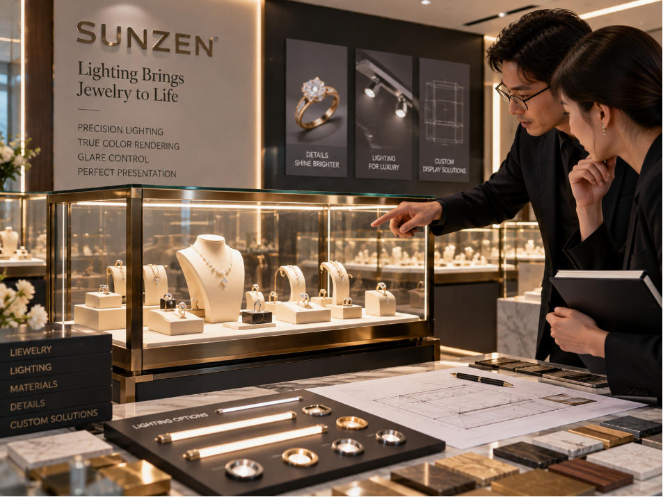 Jewelry display case supplier coordinating integrated lighting with glass viewing geometry and luxury jewelry presentation