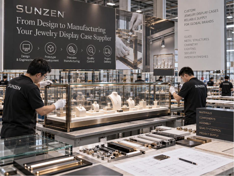 Custom jewelry display case supplier connecting approved retail case specifications with jewelry display case manufacturing