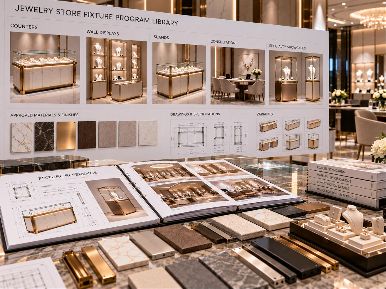 Jewelry fixture program library organizing approved counter wall display island showcase materials finishes and controlled fixture references