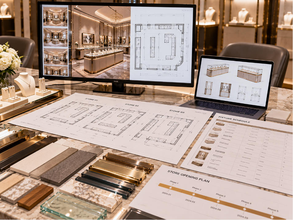 Jewelry fixture rollout planning coordinating store drawings fixture schedules quantities brand standards and opening phases