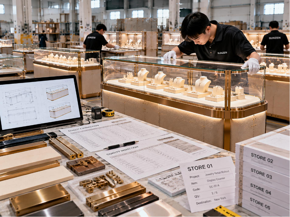 Quality control checking jewelry store rollout fixtures dimensions finishes glass lighting hardware store codes and project specifications