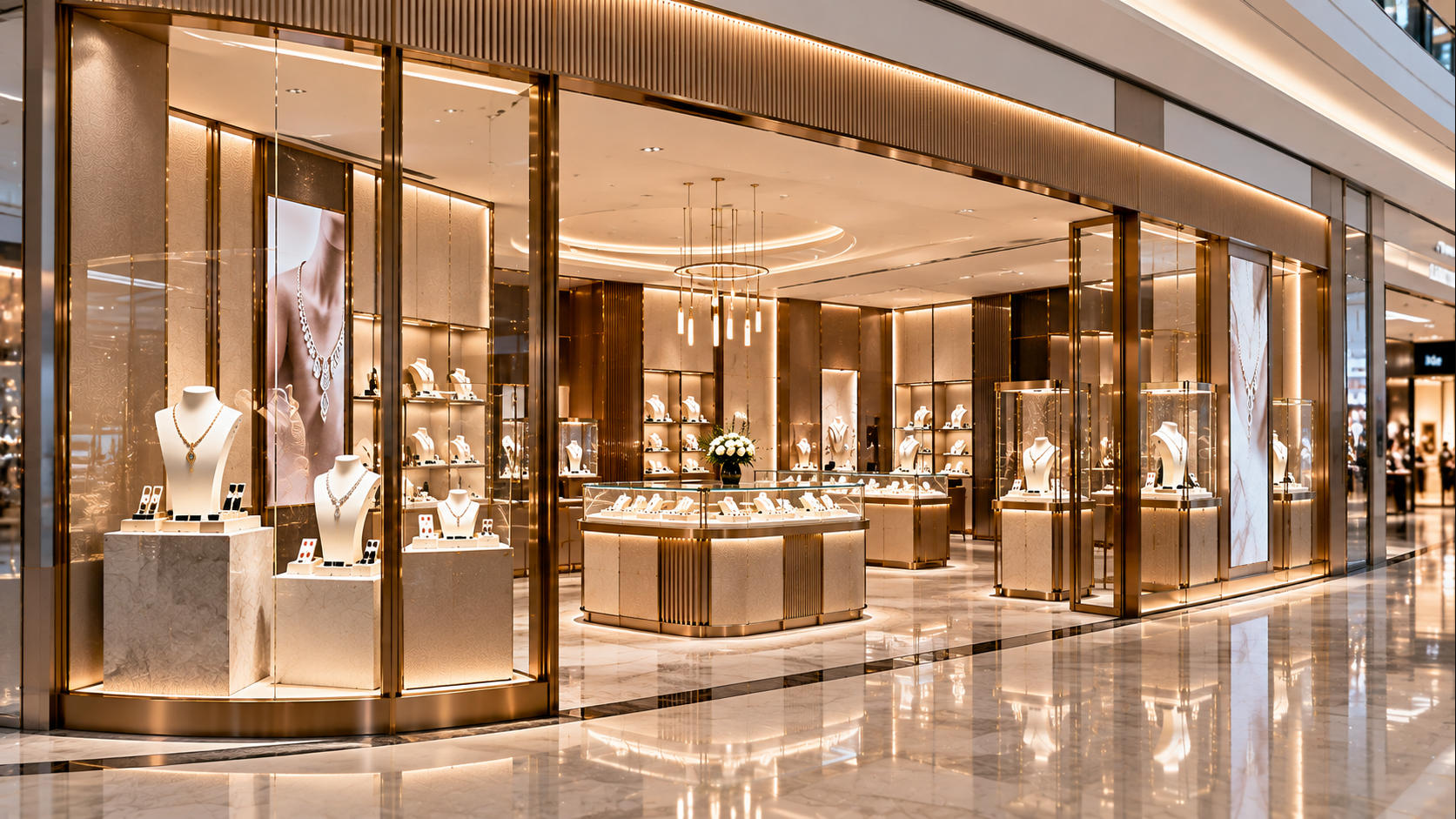 Jewelry fixtures for shopping mall stores creating an attractive branded storefront and coordinated jewelry retail environment
