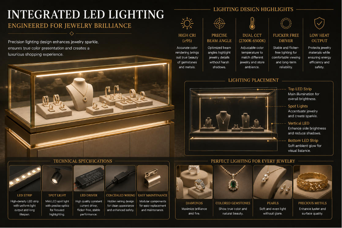 Completed luxury jewelry store using coordinated custom jewelry display cases