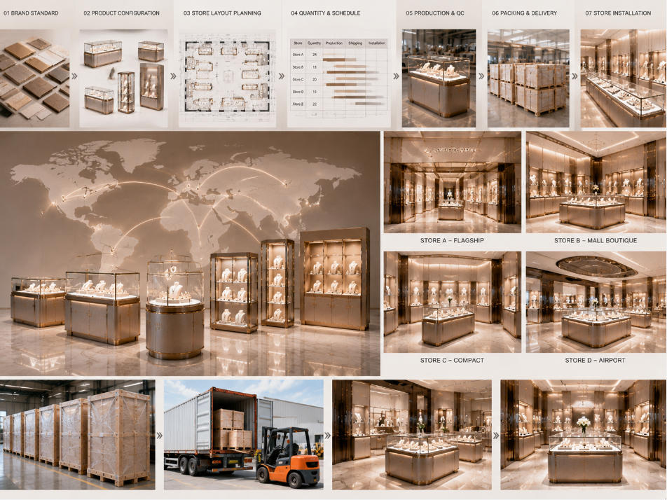 Jewelry retail rollout solutions coordinating standardized display cases store-specific quantities and phased multi-location deployment
