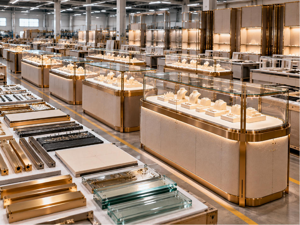 Jewelry rollout fixture manufacturing coordinating display counters wall fixtures islands and production references for multiple stores