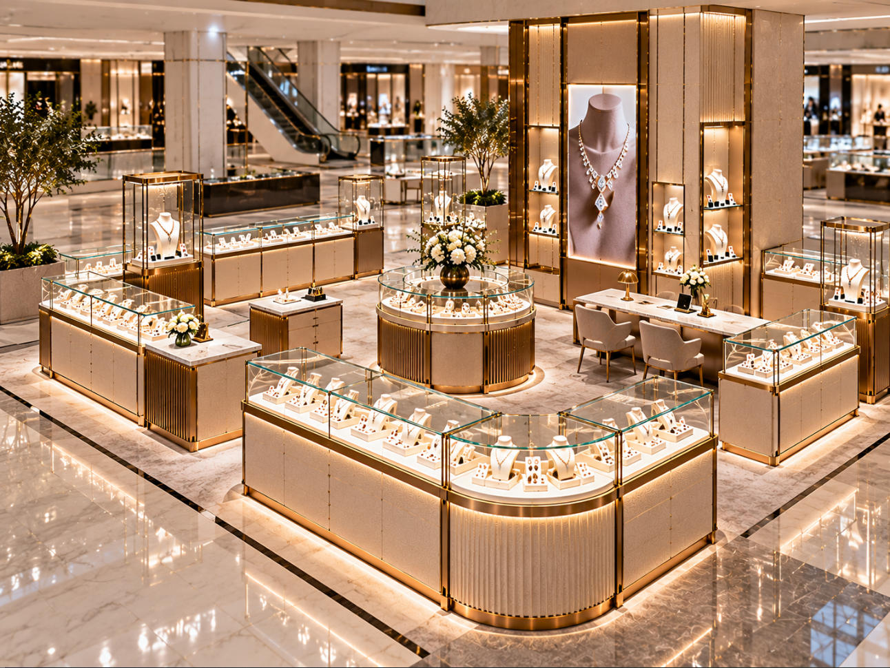 Jewelry shop in shop fixture layout using open counters island displays and vertical brand elements for visibility from multiple retail directions