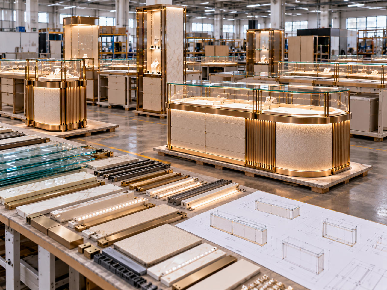 Jewelry shop in shop fixture manufacturing coordinating counters island displays vertical showcases glass metal lighting and cabinetry as one retail package