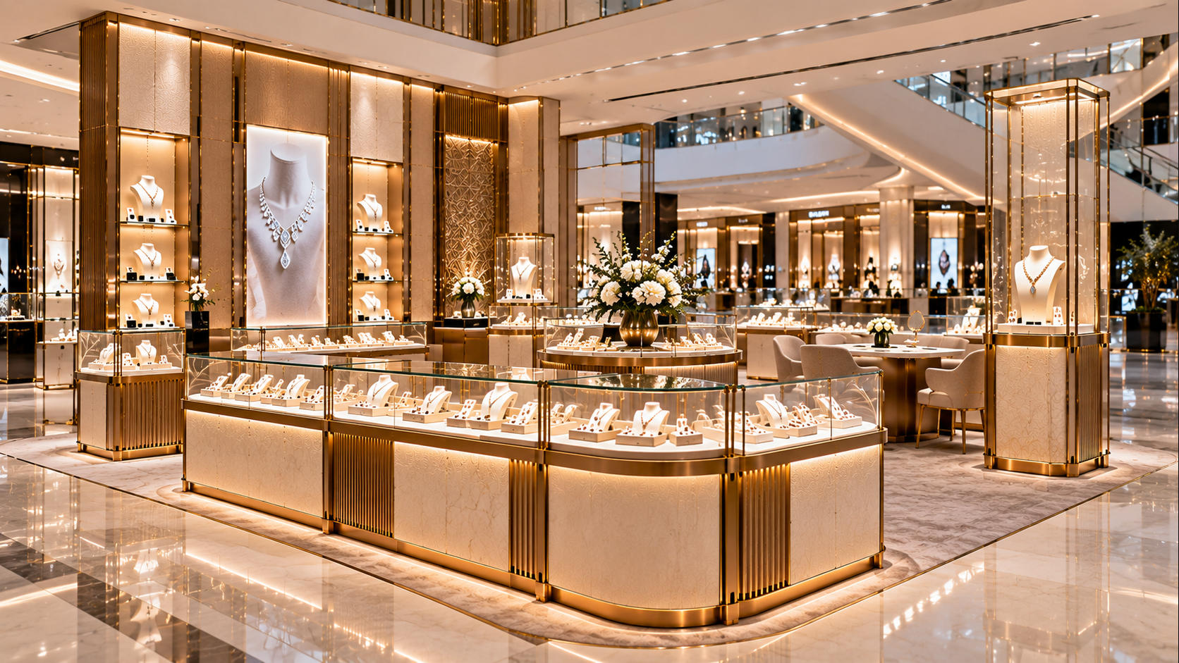 Completed jewelry shop in shop using coordinated custom counters island showcases vertical displays and branded fixture elements within a department store