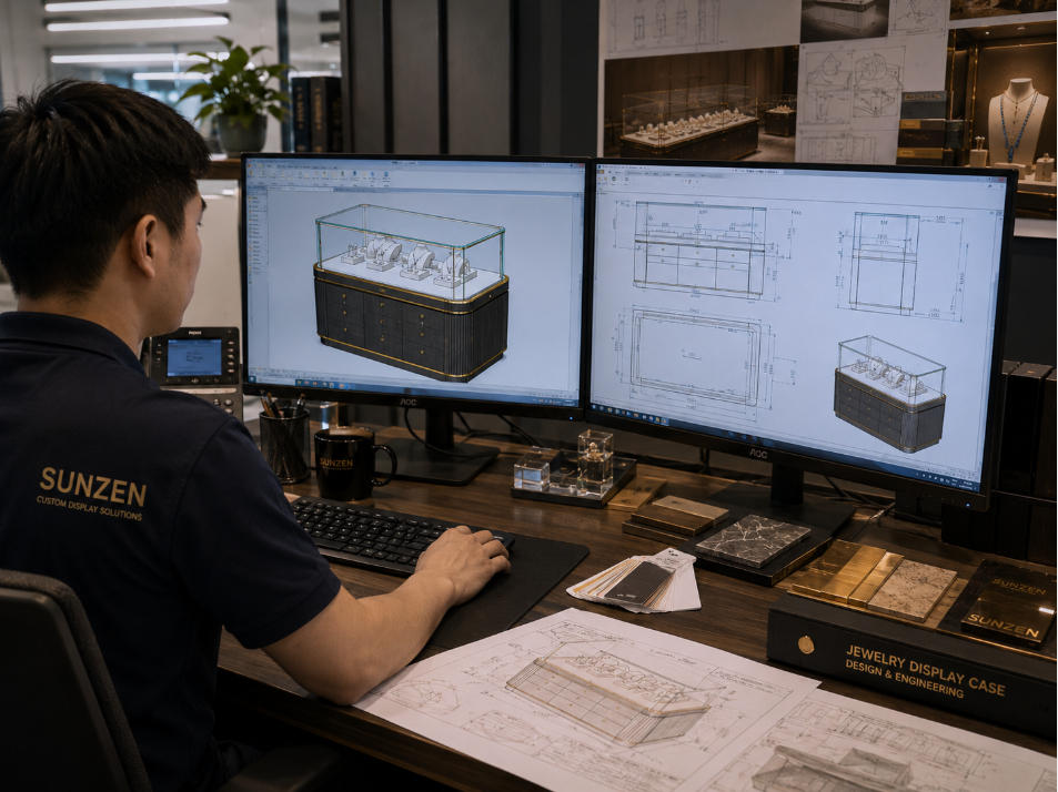 Jewelry showcase CAD engineering and technical drawings before custom manufacturing