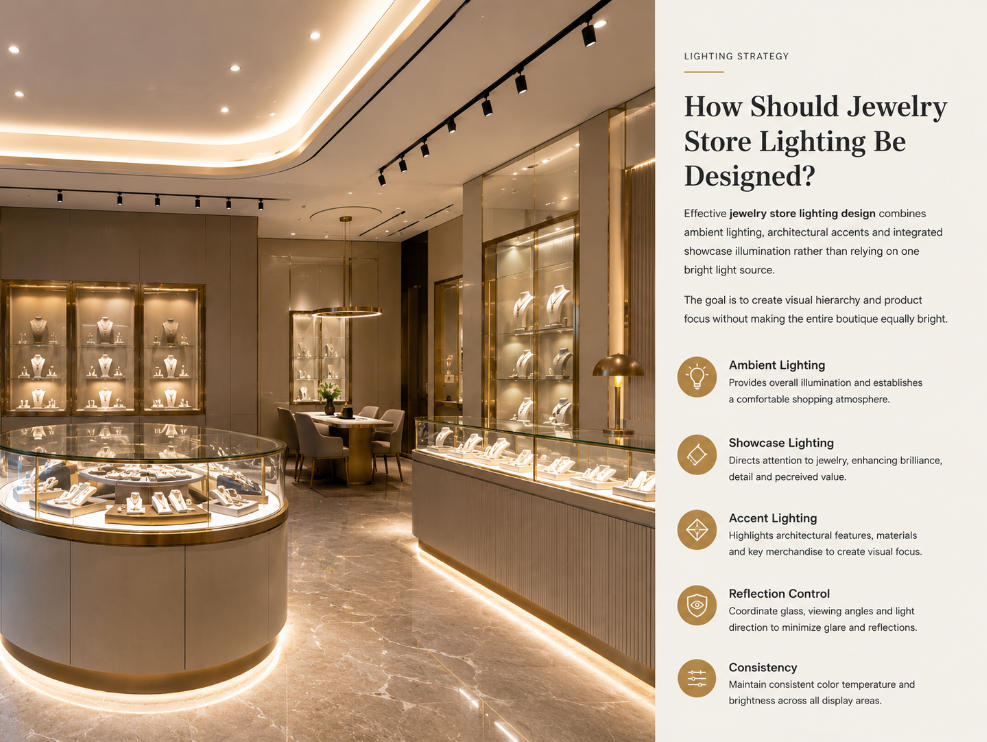 Jewelry store lighting design with integrated showcase lighting glass reflection control and luxury jewelry presentation