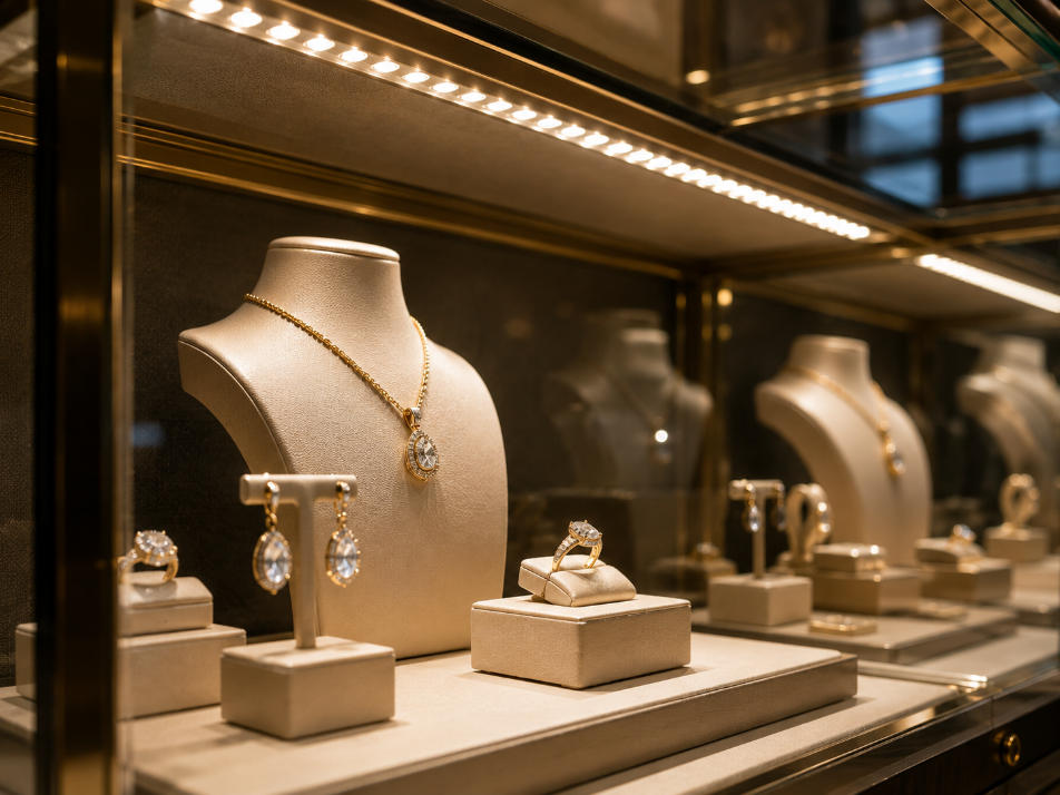 Integrated lighting inside custom luxury jewelry display cases