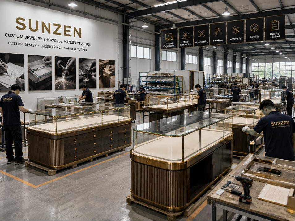 Custom jewelry showcase manufacturer factory producing glass metal and cabinetry display cases
