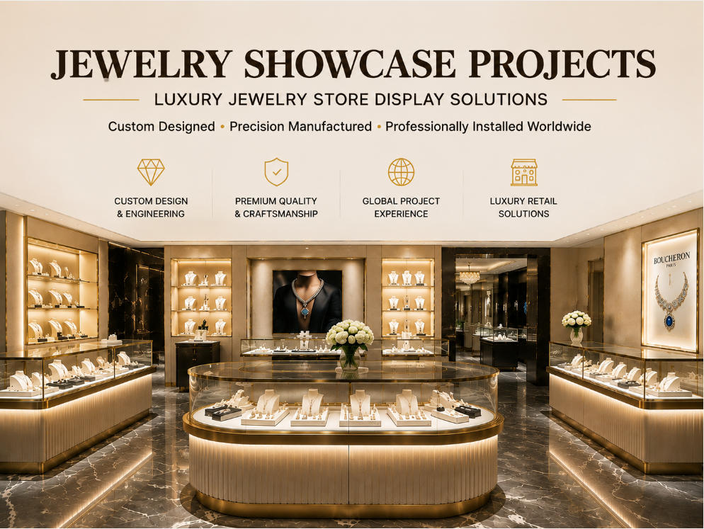 Jewelry showcase projects featuring luxury jewelry display cases and custom boutique retail environments