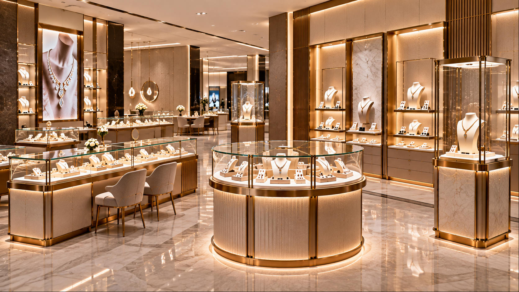 Jewelry showcase supplier providing custom counter wall island tower and freestanding showcases for commercial jewelry retail projects