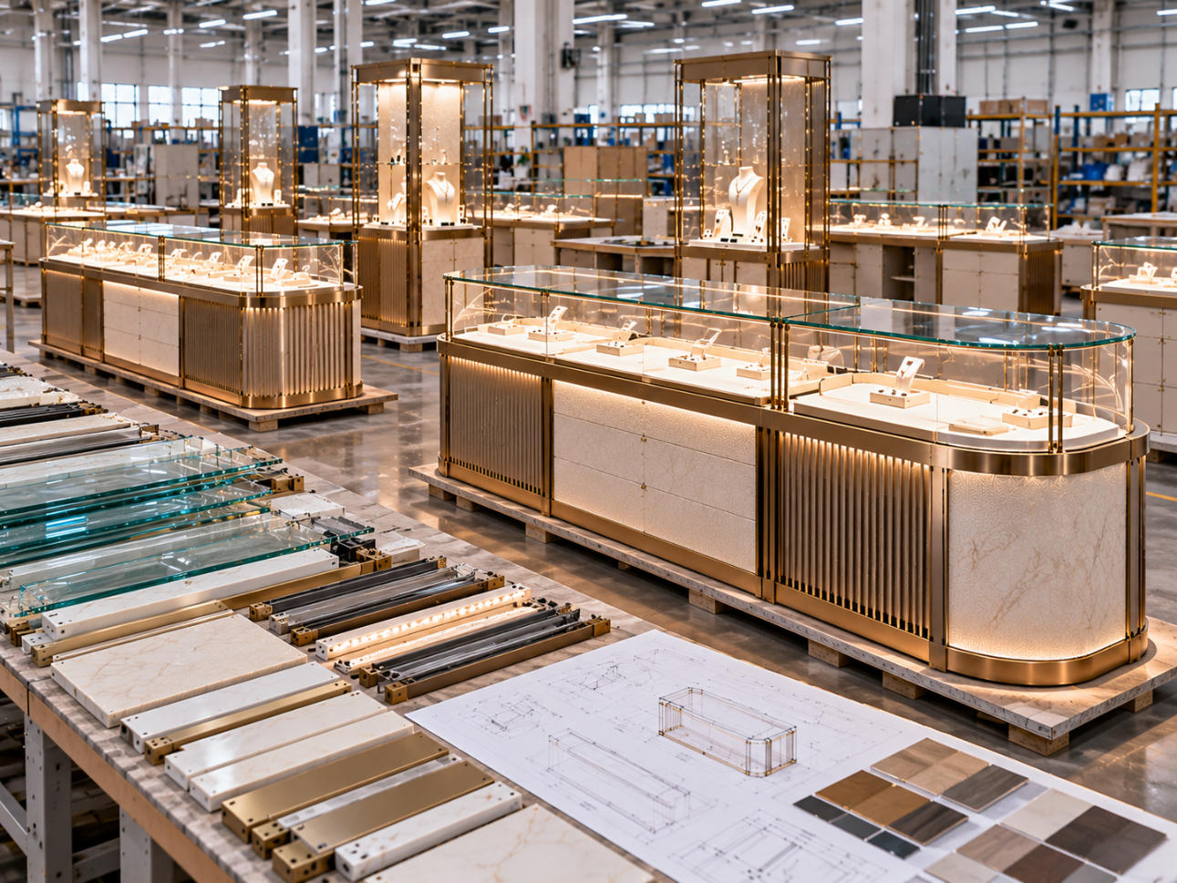 Jewelry showcase supplier manufacturing custom counter wall island and tower showcases with coordinated glass metal cabinetry and lighting