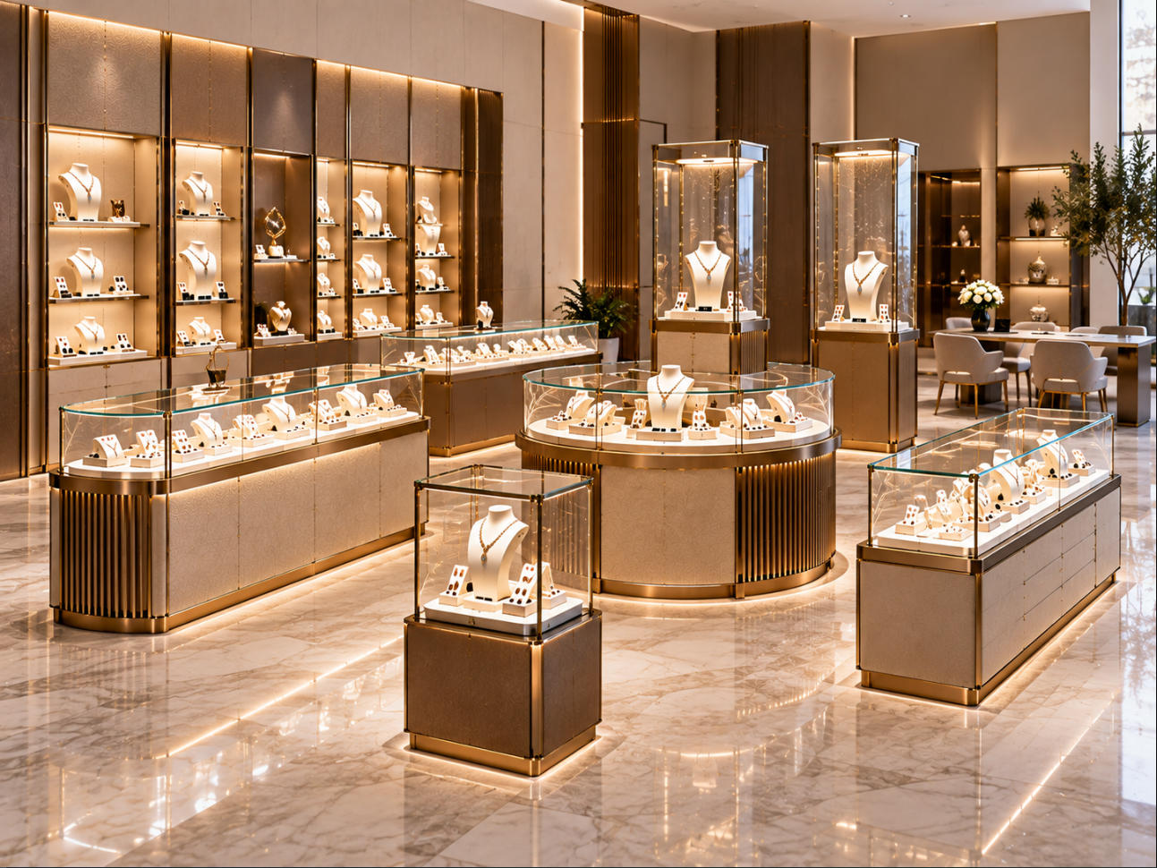 Jewelry showcase supplier product mix including coordinated counter wall island tower and pedestal showcase formats for retail projects