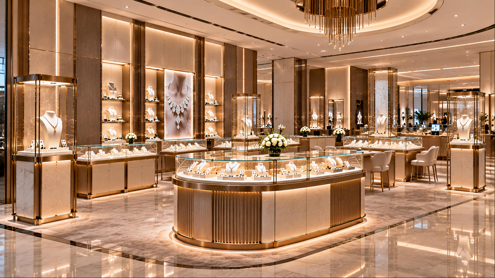 Completed jewelry retail project supplied with coordinated custom counter wall island tower and feature jewelry showcases