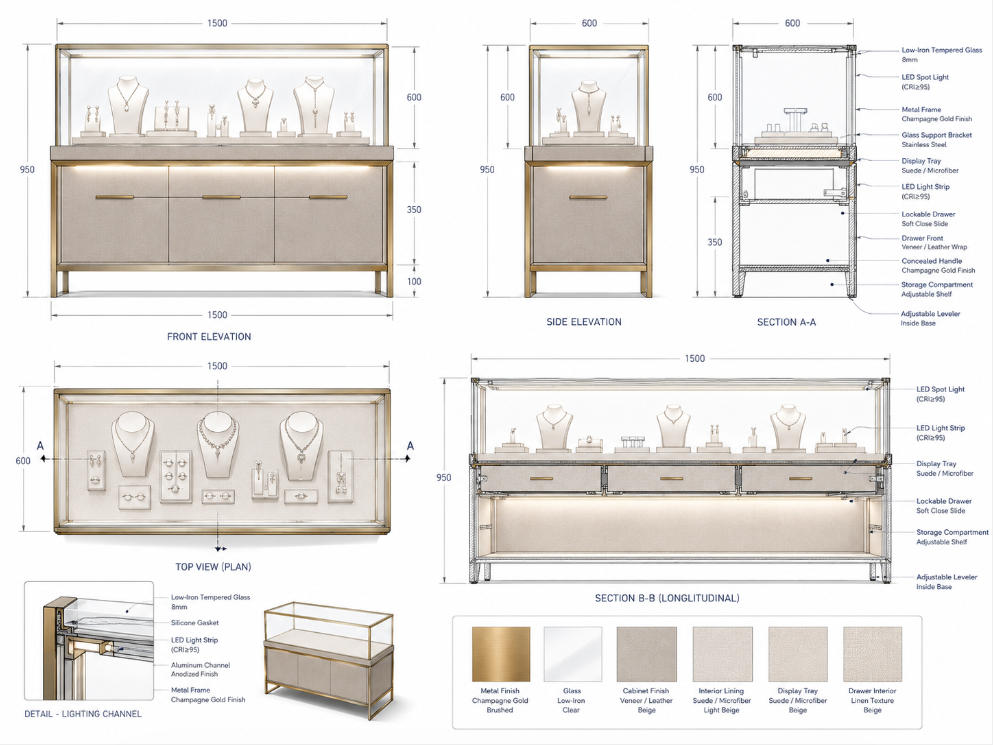 Custom jewelry showcase manufacturing and engineering for complete jewelry store design