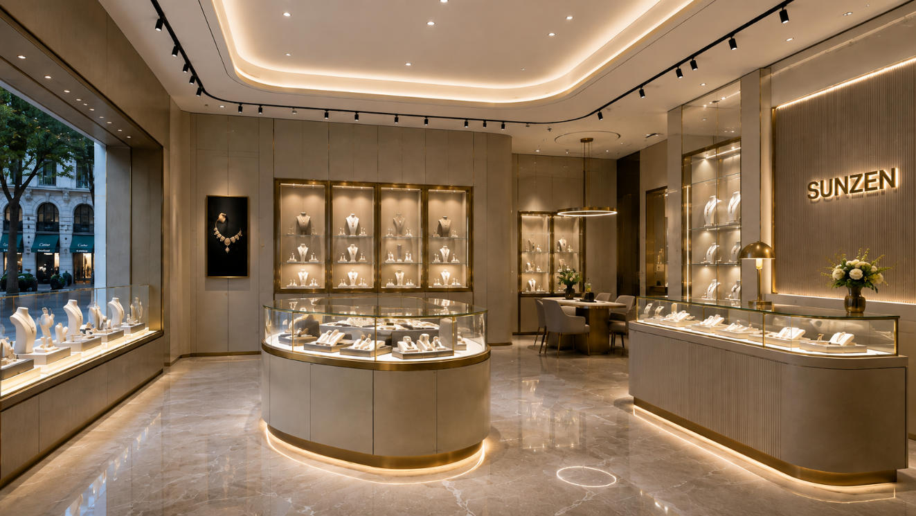 Completed luxury jewelry store design with coordinated island wall and counter showcases