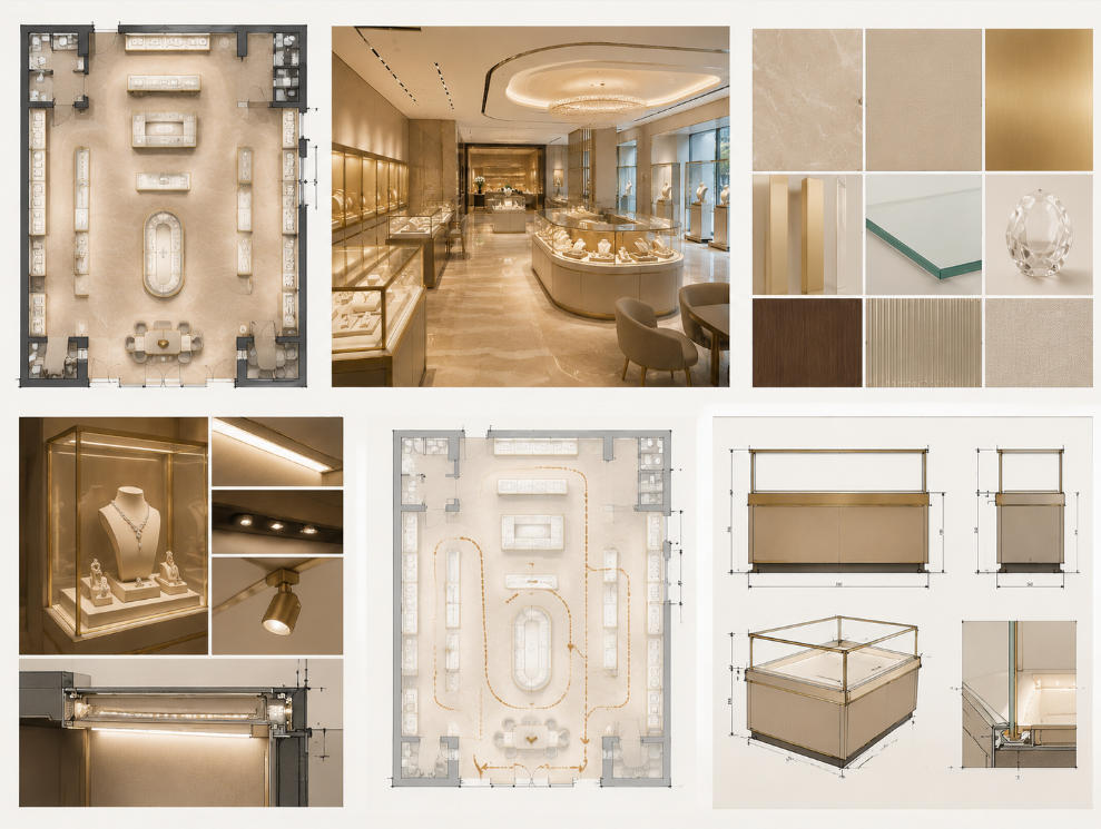 Jewelry store design elements including layout planning materials lighting and custom showcase engineering