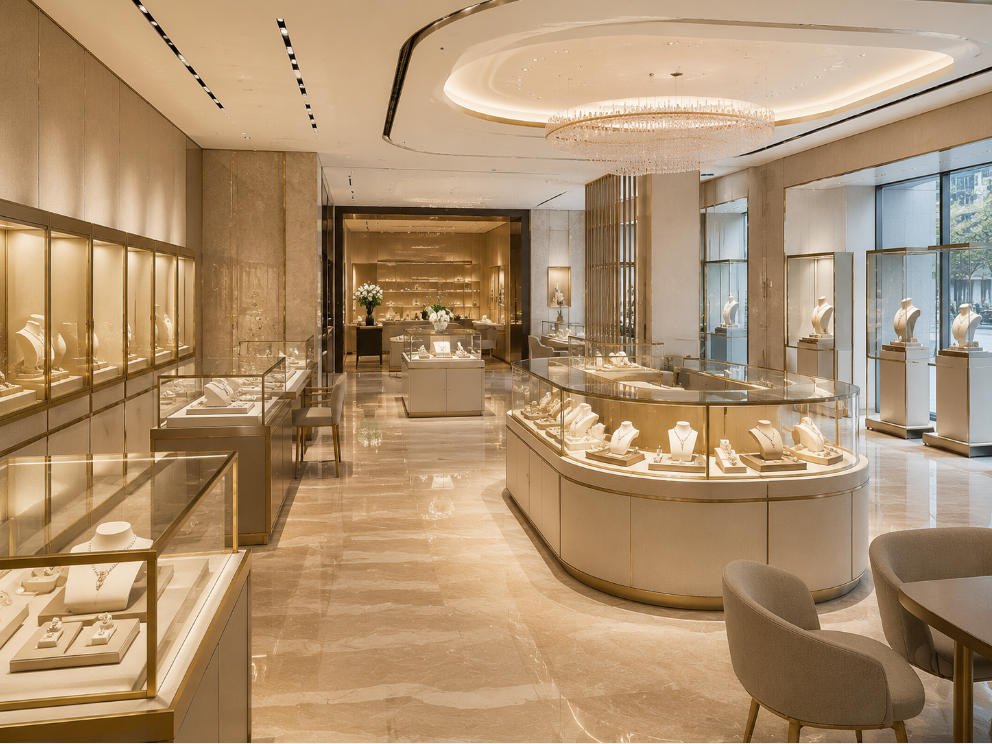 Luxury jewelry store design with custom jewelry display cases and complete retail planning