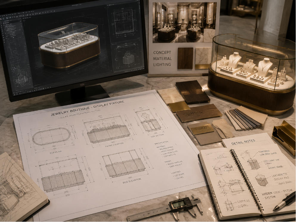 Jewelry store interior design translated into custom showcase manufacturing