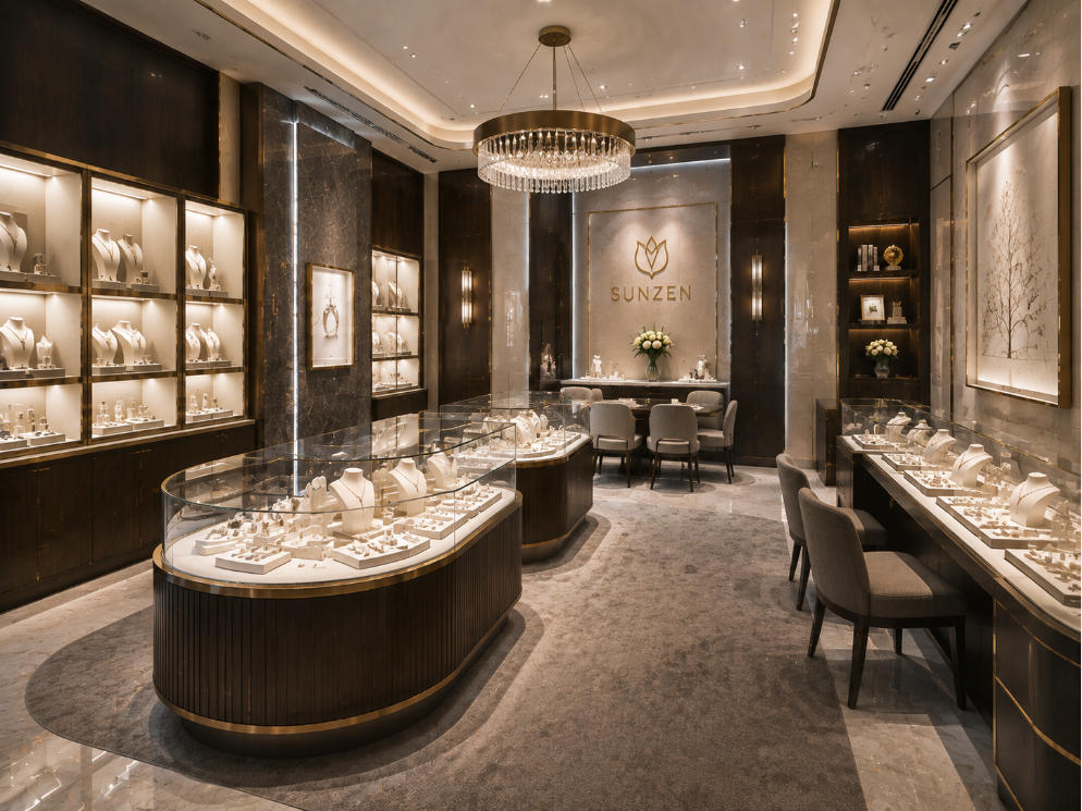 Jewelry store display architecture with island wall counter and pedestal showcases