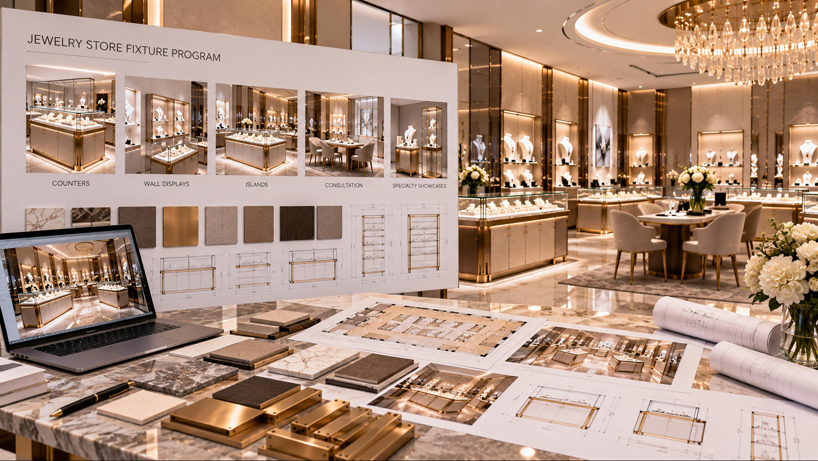 Jewelry store fixture program connecting approved fixture families design standards manufacturing references and future retail expansion