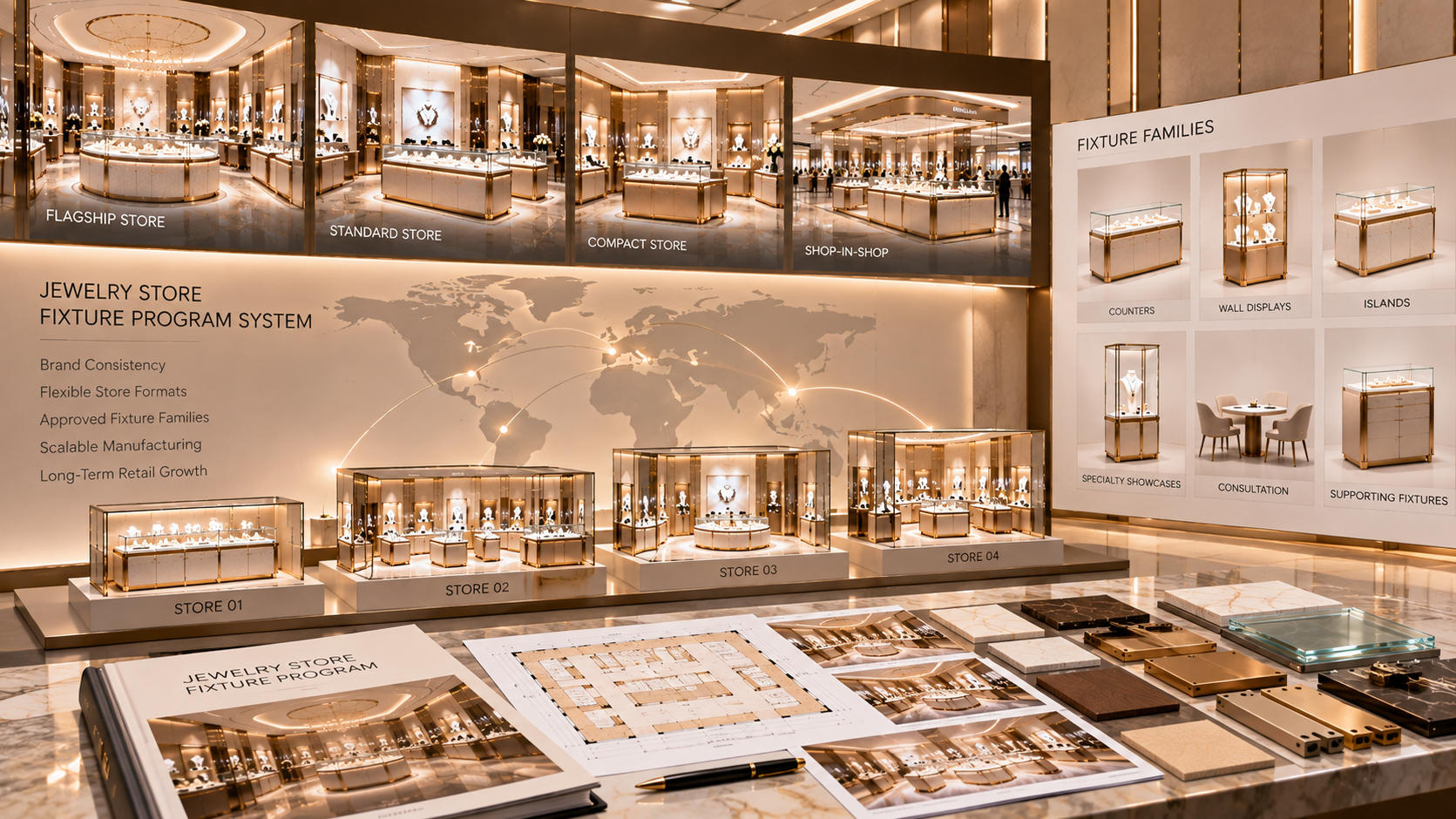 Established jewelry store fixture program supporting approved fixture families multiple store formats and long term retail brand expansion