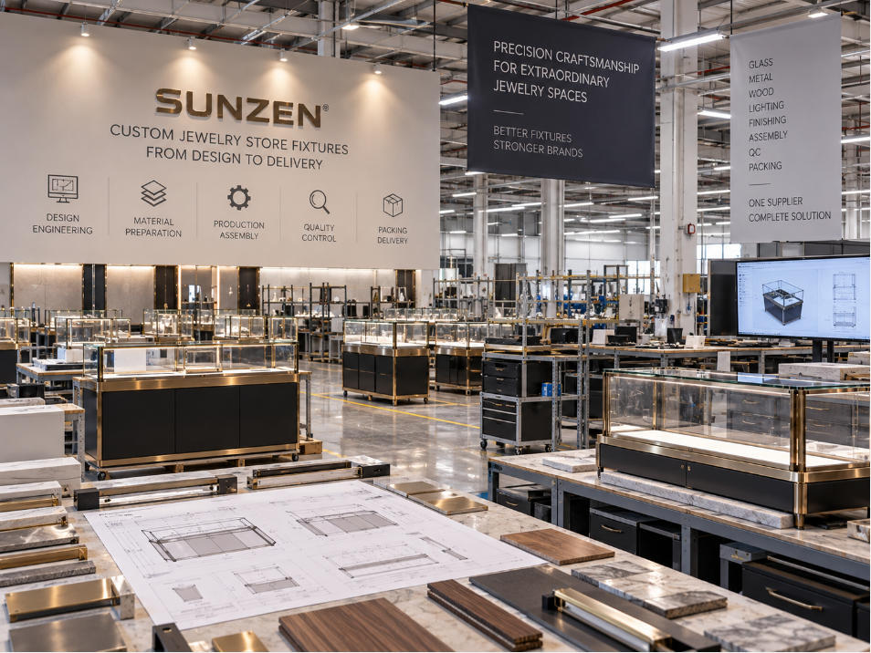 Custom jewelry store fixture supplier connecting approved store fixture specifications with showcase factory production and quality control
