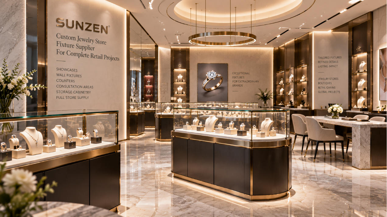 Custom jewelry store fixture supplier coordinating showcases counters wall fixtures consultation areas and storage for complete jewelry retail projects