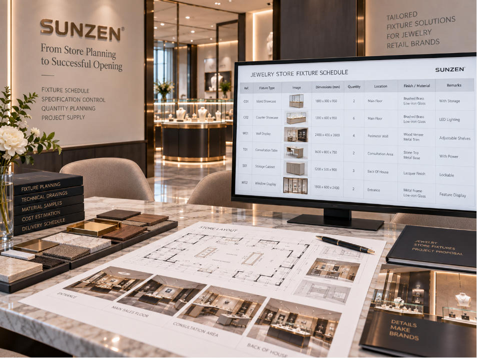 Jewelry store fixture supplier coordinating fixture references quantities specifications and retail zones in a complete store procurement schedule