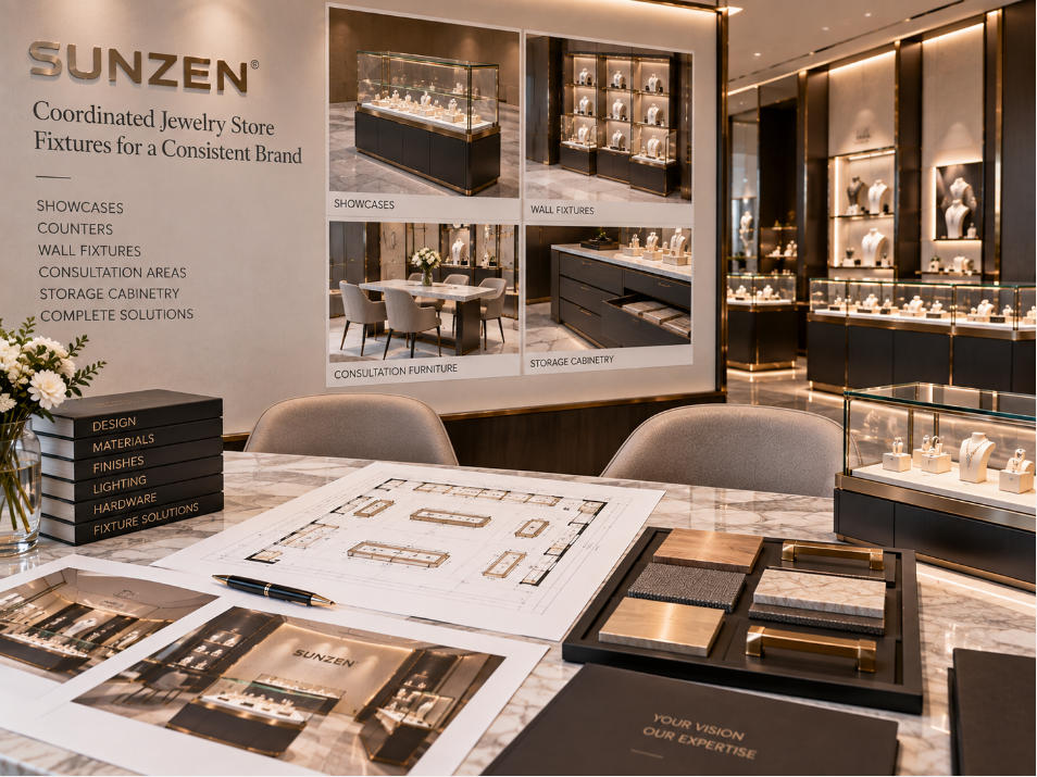 Jewelry store fixture supplier coordinating specialist glass showcases with counters wall fixtures and other custom retail fixtures