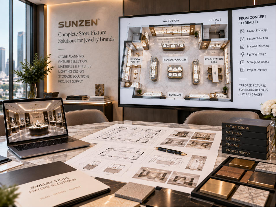 Jewelry store fixture supplier reviewing complete retail layout with showcases counters wall fixtures consultation furniture and storage zones