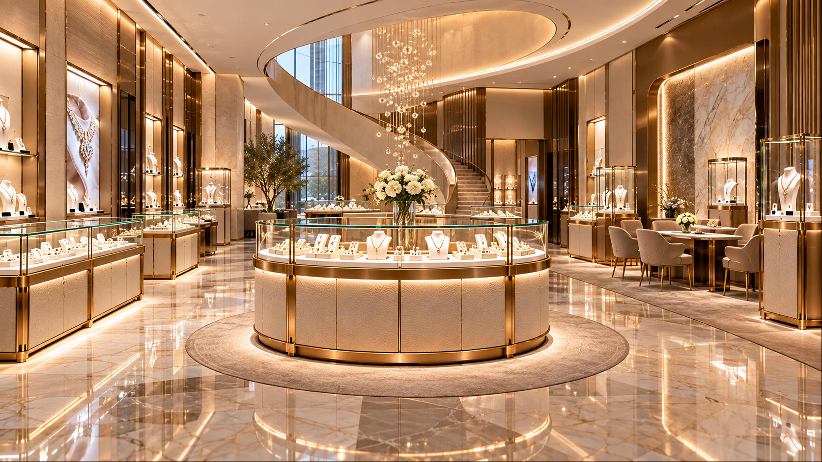 Jewelry store fixtures for flagship stores combining signature showcases architectural displays consultation areas and premium branded retail presentation