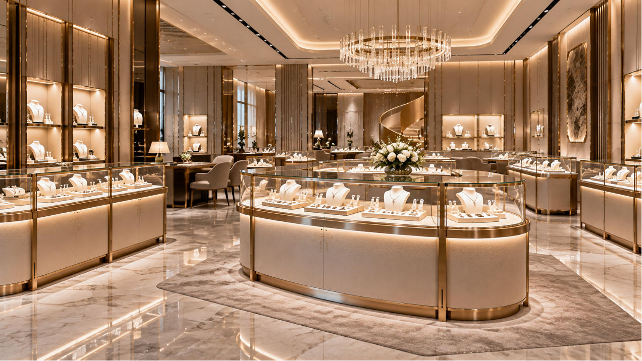 Jewelry store fixtures for luxury brands combining custom showcases premium materials lighting and refined boutique presentation