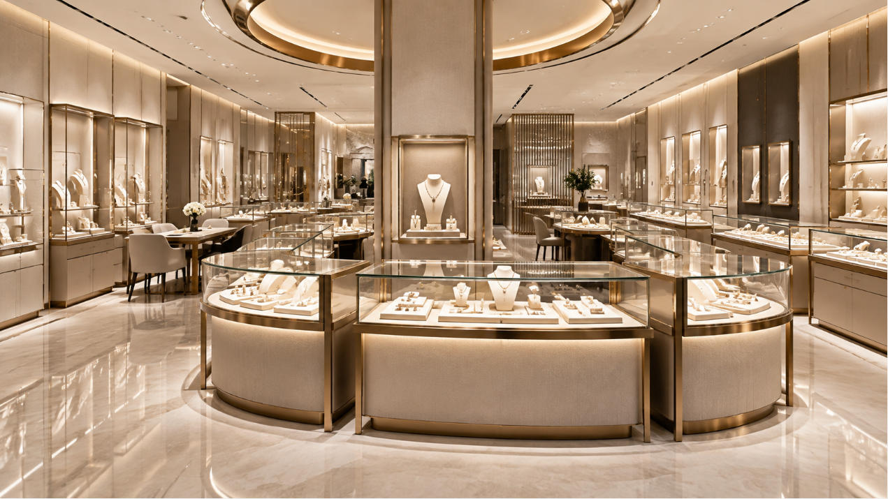 Jewelry store fixtures for retail chains designed for consistent brand presentation across multiple retail locations
