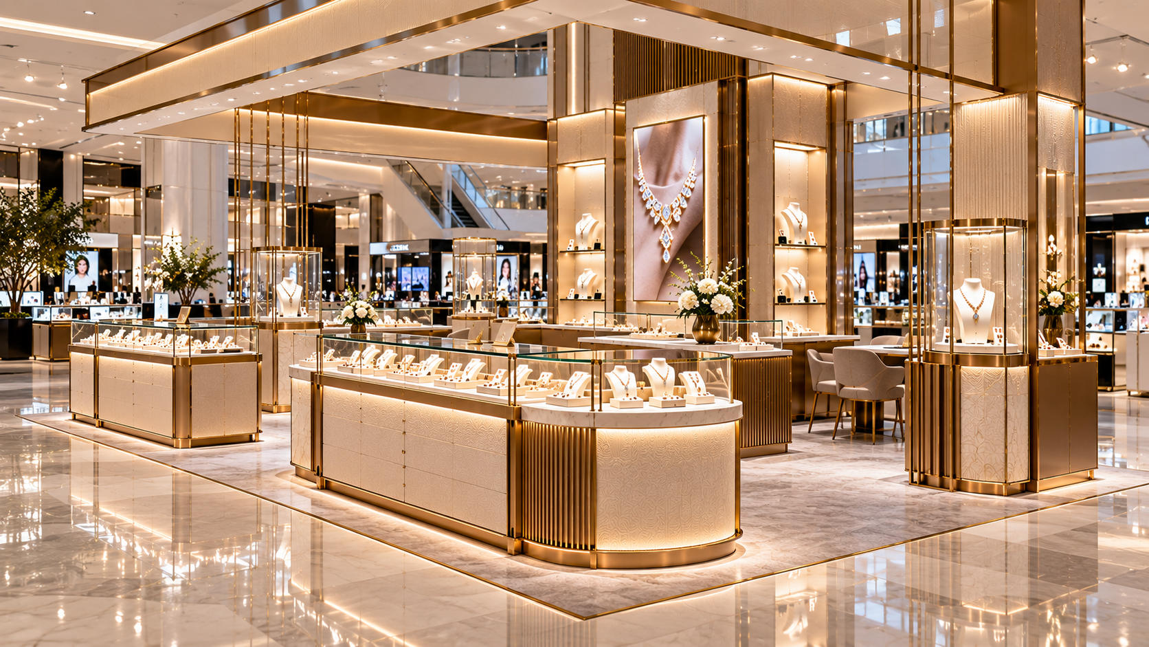 Jewelry store fixtures for shop in shop creating a branded jewelry retail environment within an open department store space