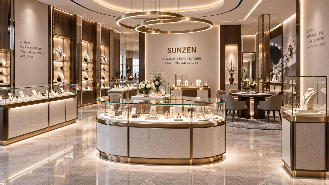 Jewelry store fixtures including custom jewelry counters wall showcases island displays pedestal cases and consultation areas coordinated across a luxury jewelry boutique