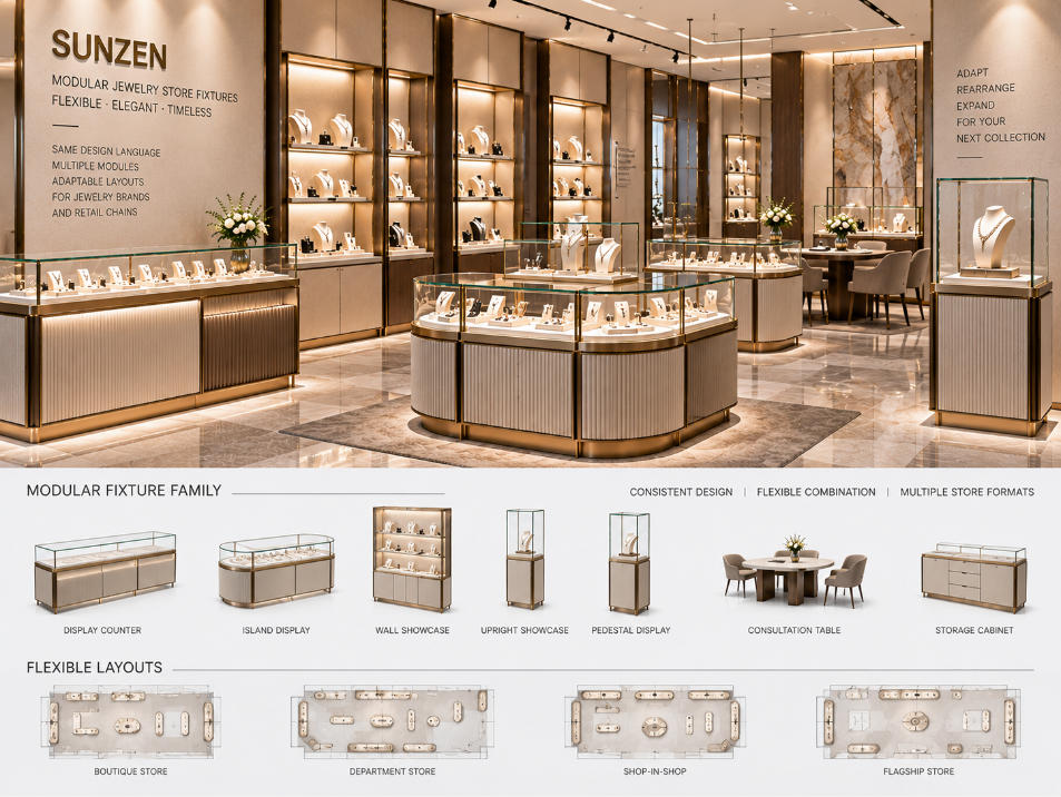 Modular jewelry store fixture family with coordinated counters wall showcases island displays and adaptable jewelry presentation modules