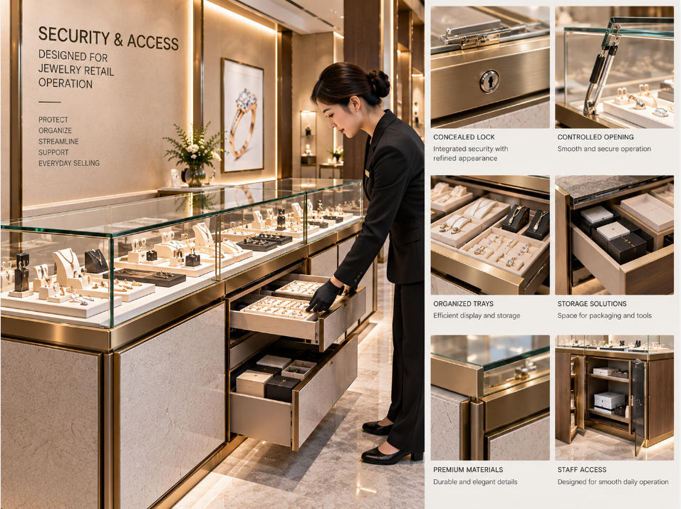 Jewelry store fixture security and staff access showing glass display counter concealed locks drawers controlled opening and organized jewelry storage