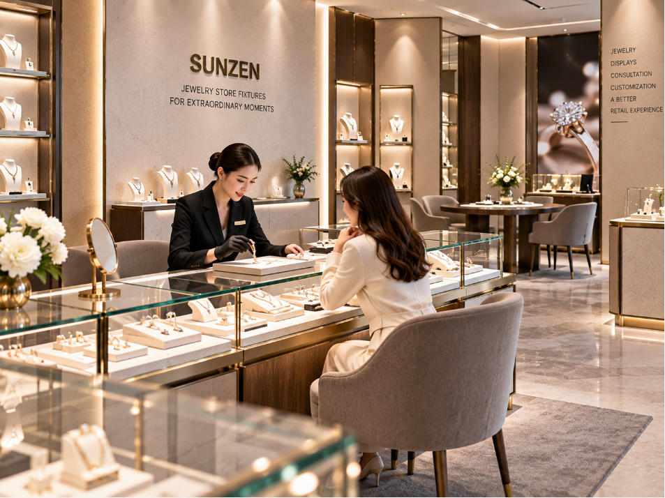 Jewelry store fixture arrangement supporting customer viewing staff presentation jewelry comparison and consultation at a luxury display counter