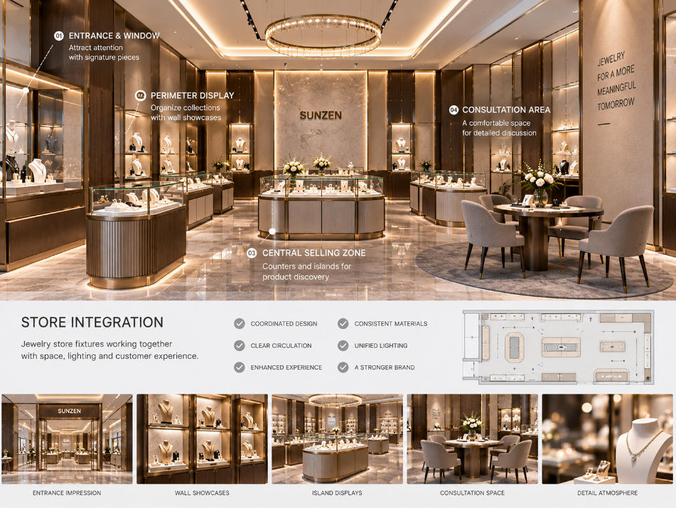 Jewelry store fixtures integrated with circulation consultation lighting architecture wall displays and customer experience in a luxury jewelry boutique
