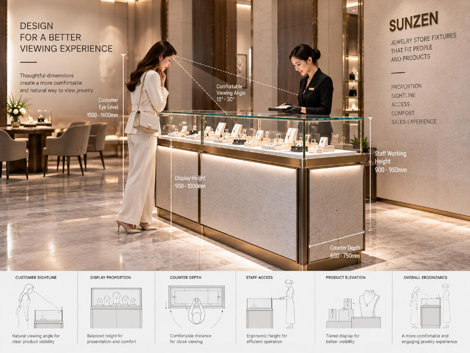 Jewelry display fixture viewing geometry showing customer sightlines glass height jewelry presentation level counter depth and staff access