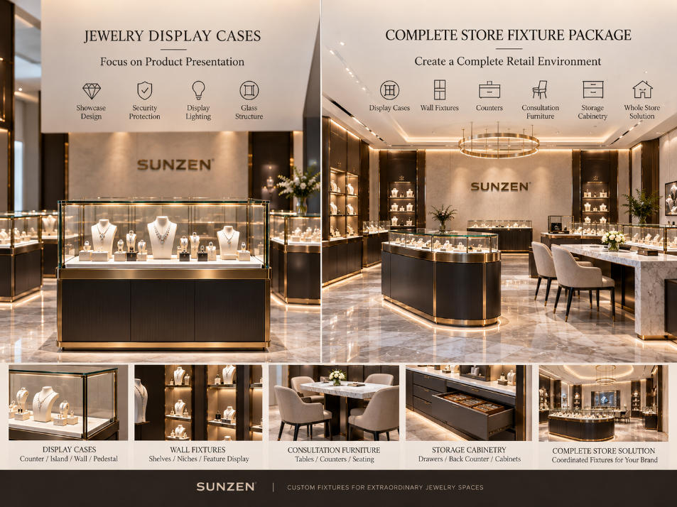 Complete jewelry store fixture package combining secure display cases wall fixtures counters consultation furniture and storage cabinetry