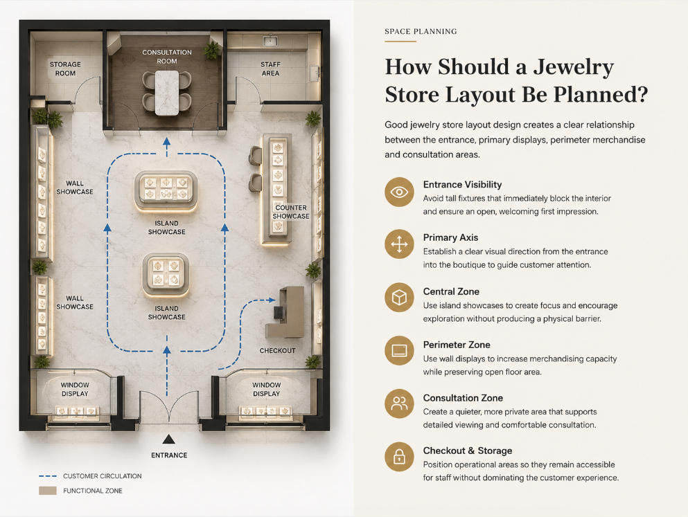 Jewelry store layout design showing floor plan customer circulation showcase zones and consultation areas