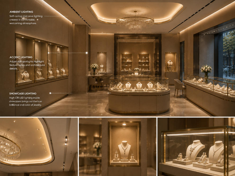 Professional jewelry store lighting design with integrated showcase illumination