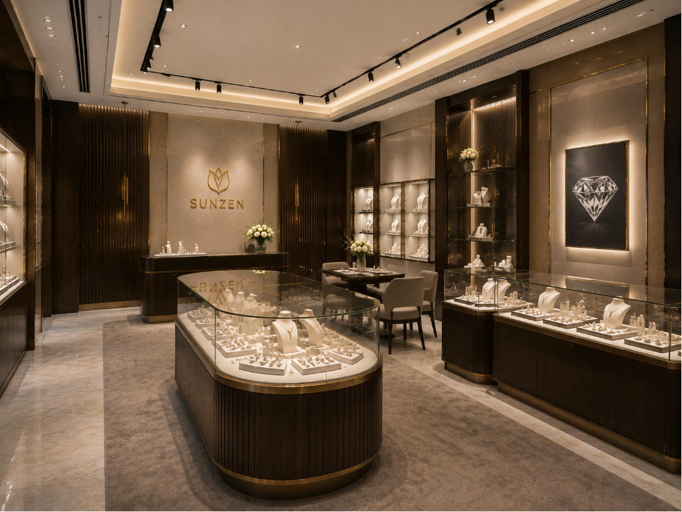 Jewelry store lighting hierarchy with integrated showcase lighting