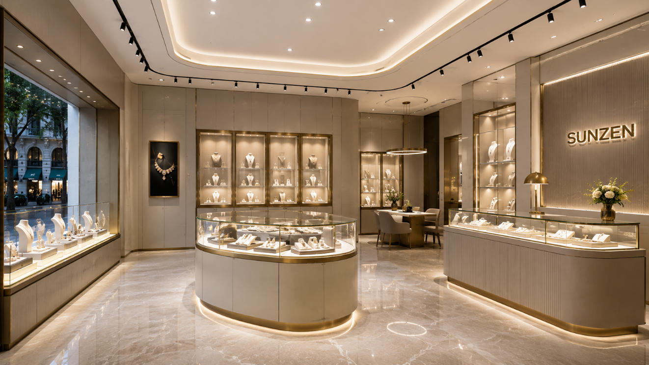 Luxury jewelry store showcase design with island wall counter and window display cases